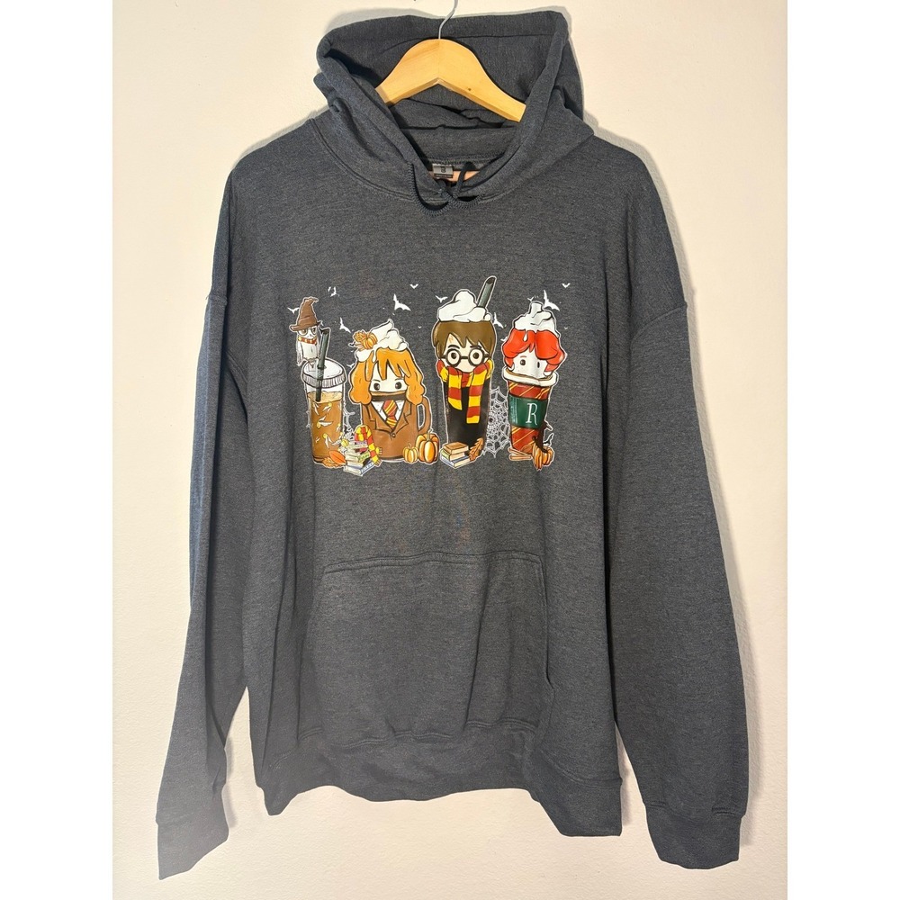 Gildan Heavy Blend Wizard Coffee Cups Graphic Hoodie Gray XL Harry Potter Style